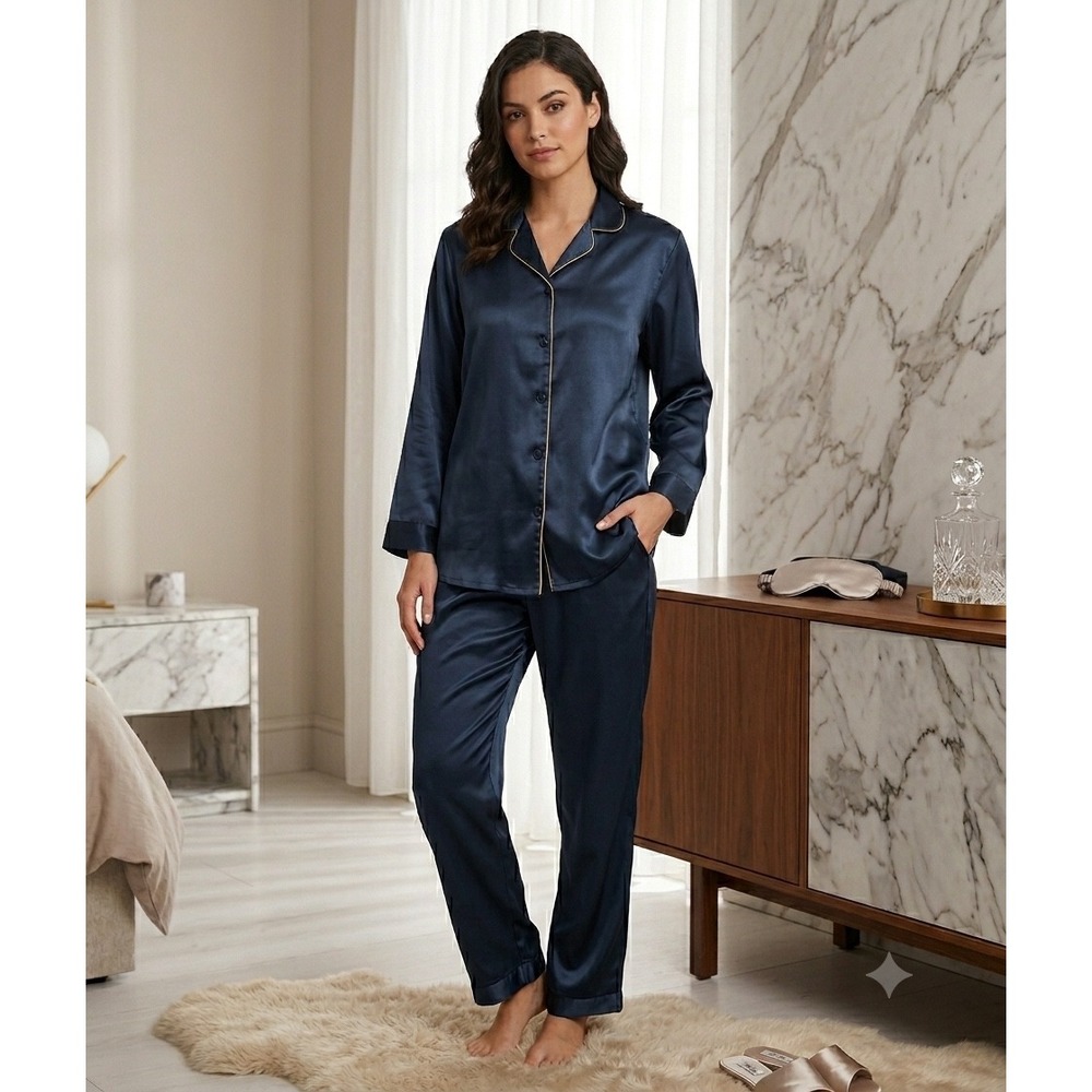 Soft Sensations 2X Pajama Set Womens Blue Gold Trim Sleepwear Loungewear